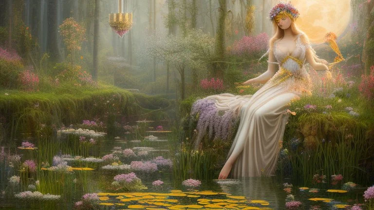 A digital illustration blending realism and fantasy, depicting Ophelia in a modern interpretation of a tunic, her thighs bathed in the soft glow of the moon, surrounded by vibrant lotus flowers and swaying reeds. The scene is infused with a sense of enchantment and surrealism, with a hint of whimsy and magic in the air. This version explores a more contemporary and imaginative approach to the traditional imagery.