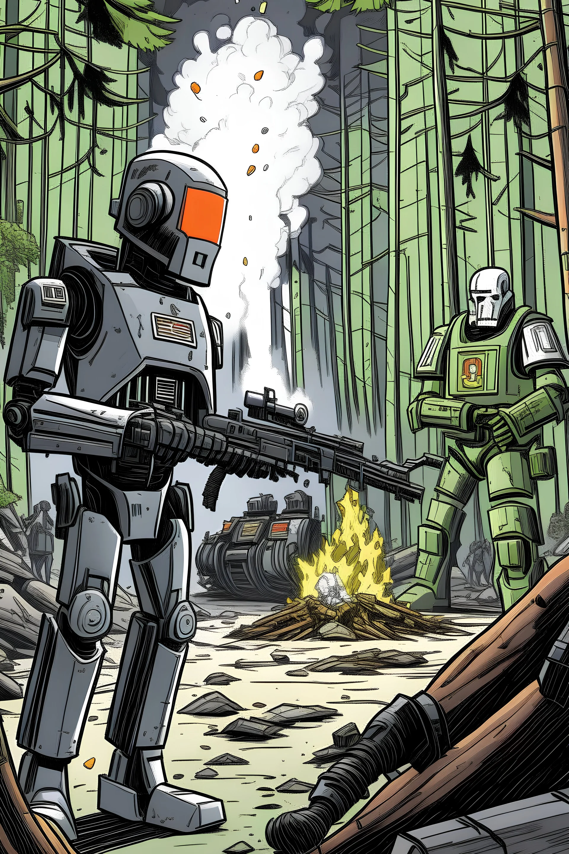 A humanoid android saying the trigger word to a bomb being surrounded by police with special gadgets and guns. In the background should be a crashed spacecraft on fire in the woods