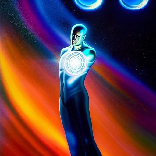 Ultra detailed fullbody Portrait in oil on canvas of The Silver Surfer , extremely detailed digital painting, extremely detailed face,crystal clear Big Glowing eyes, mystical colors ,perfectly centered image, perfect composition, rim light, beautiful lighting, 8k, stunning scene, raytracing, anatomically correct, in the style of robert e howard and Ken Kelley and Ohrai Noriyoshi and Simon Bisley and tomzj1