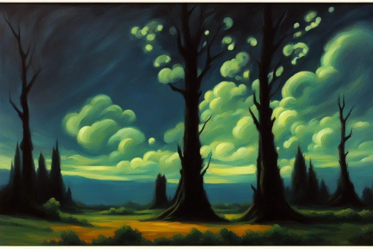 Trees, night, clouds, 2000's sci-fi movies influence, auguste oleffe impressionism painting