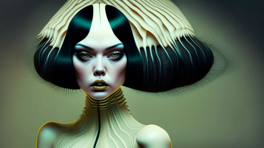 pale alien woman wearing exotic clothing. Black hair bob