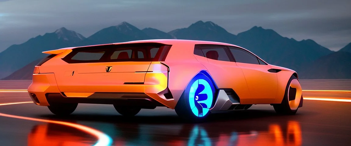 award winning car and driver photograph of a futuristic station wagon designed by only one vehicle per image painted metallic orange traveling at a high rate of speed, jet intake off of front center of vehicle and jet exhaust out the rear with bright blue flame, bilaterally symetrical, more a high speed road vehicle