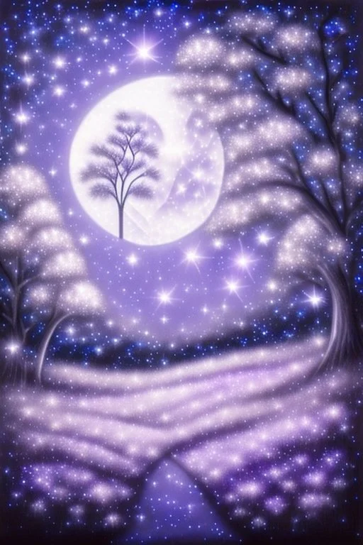 a background of softly blended blues, greys, silvers, purples, and whites with distant, twinkling stars in the sky, an a spherical serene moon, casting a soft glow of light on a foreground of a field of various flowers surrounding a tree of life