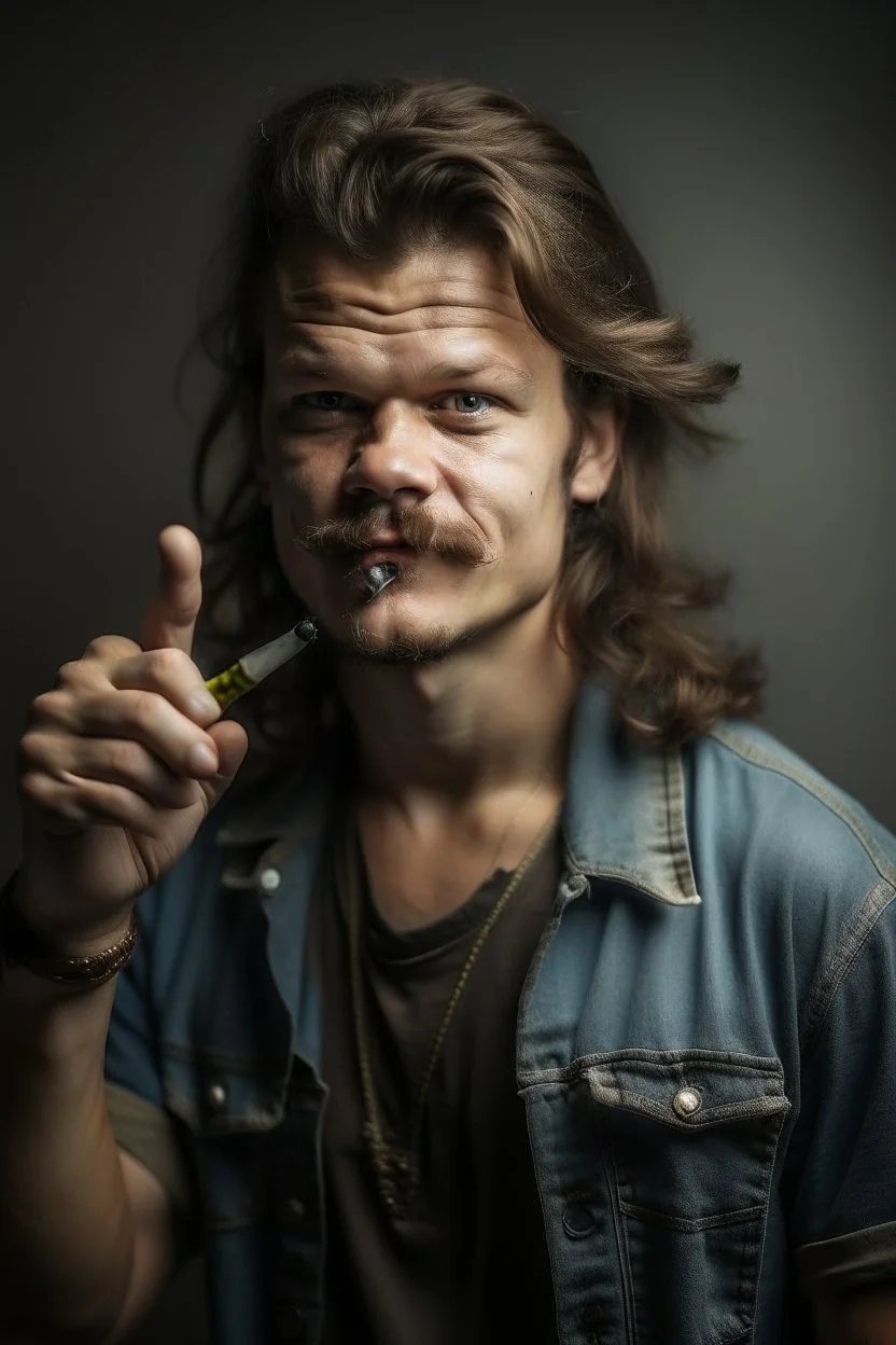 tough looking guy with a mullet smoking a cigarette and pointing his hand like a gun at the camera like he's about to shoot