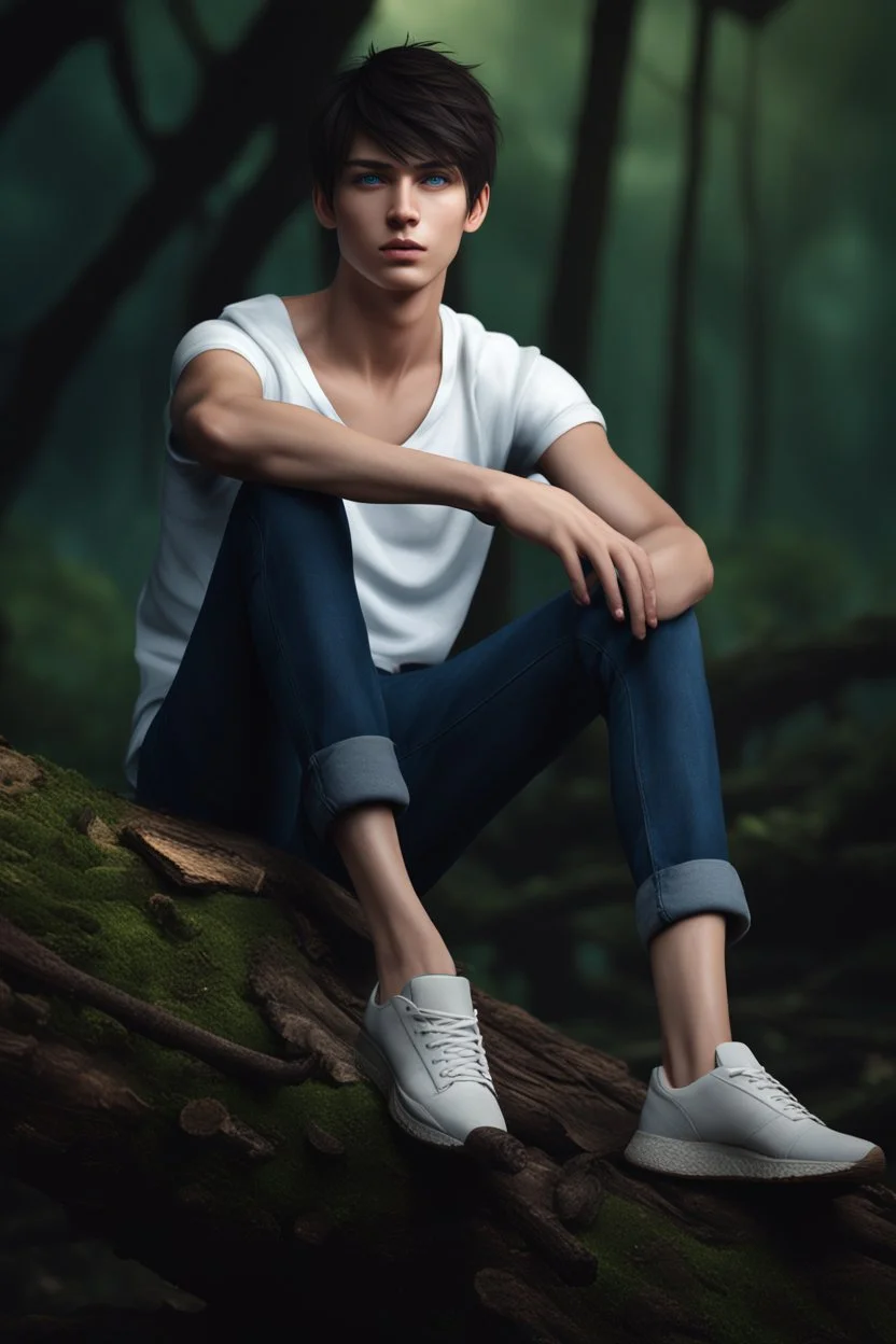 thin 17 year old male with short dark hair and blue eyes wearing a ripped and dirty white teeshirt sitting on a log , photorealistic, 4k, dark fantasy