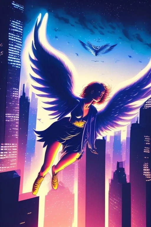 A flying angel over the tall buildings in a city at deep blue night.