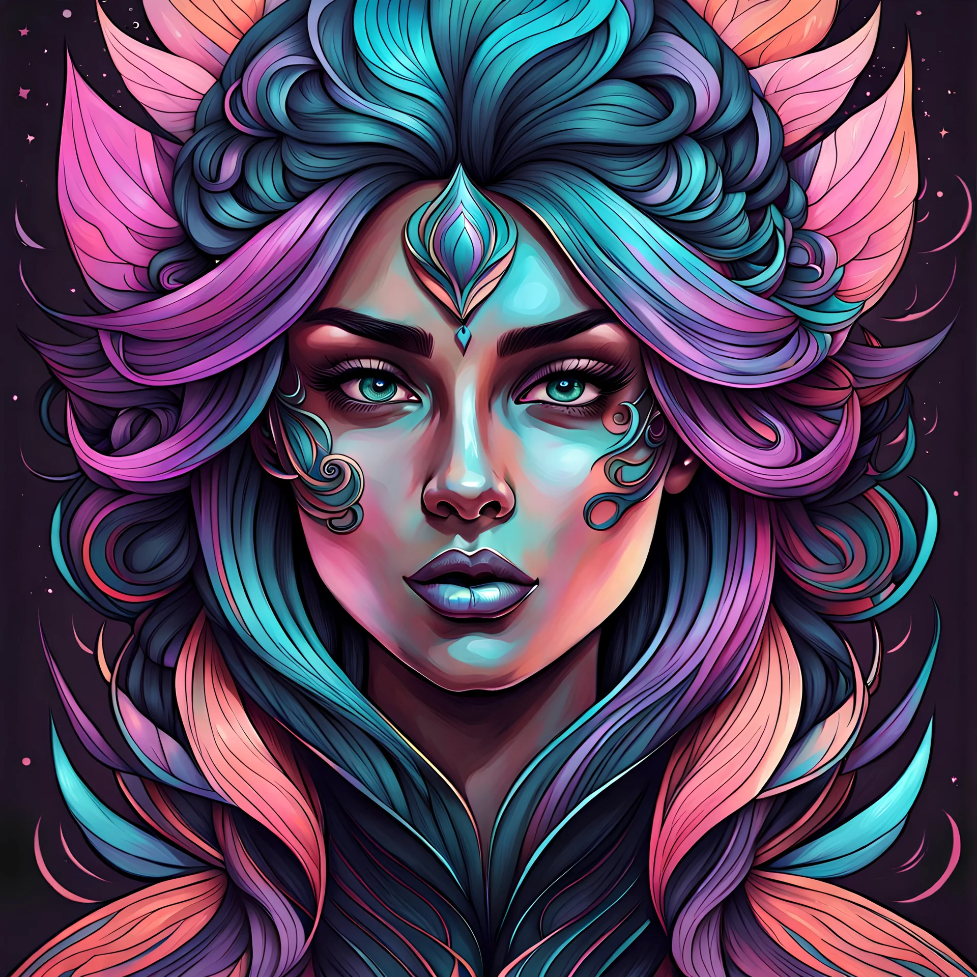 create a wildly imaginative female character illustration with highly detailed facial features , sharply defined, boldly lined, in muted dark pastel colors