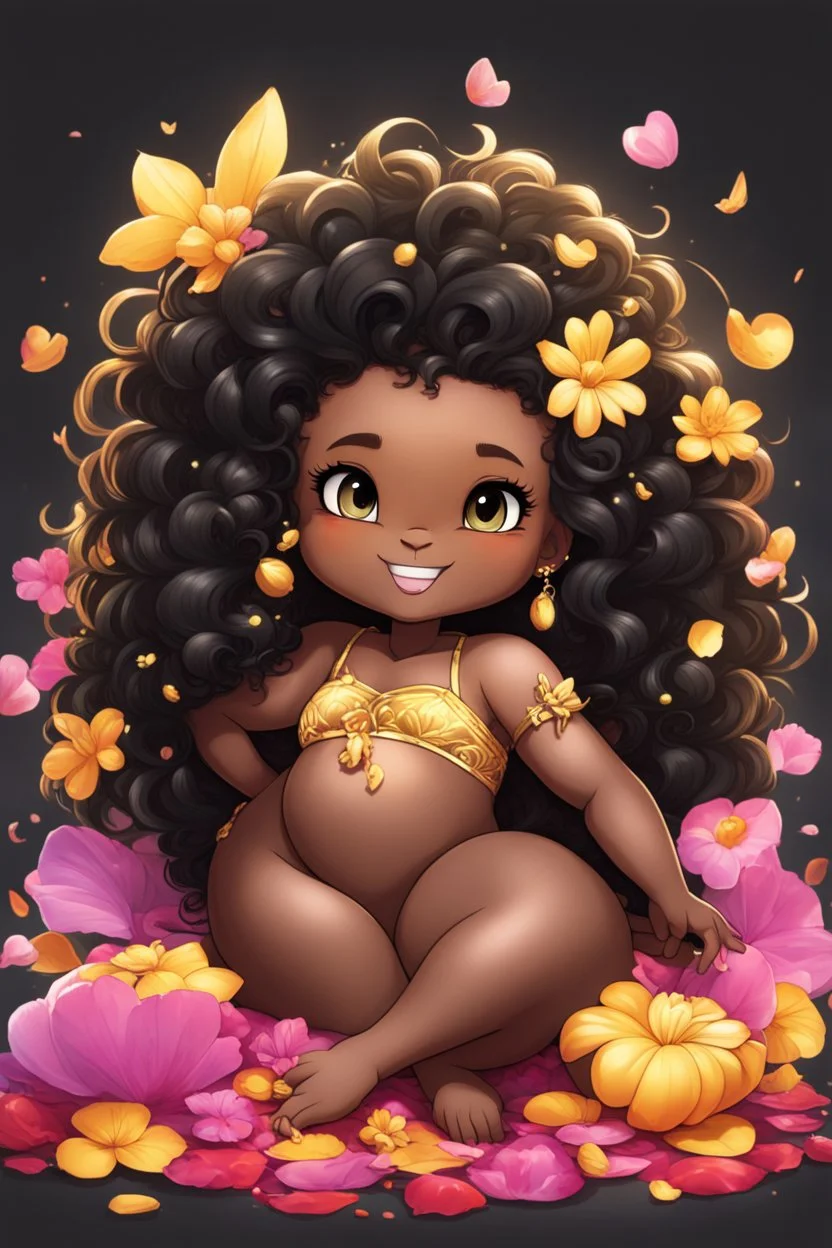 A sassy thick-lined airbrushed cartoon black chibi girl lounging lazily on her side, surrounded by flower petals. She has a golden lion tail curling playfully behind her curvy body. Looking up coyly, she grins widely, showing sharp lion teeth. Her poofy hair forms a mane framing her confident, regal expression.