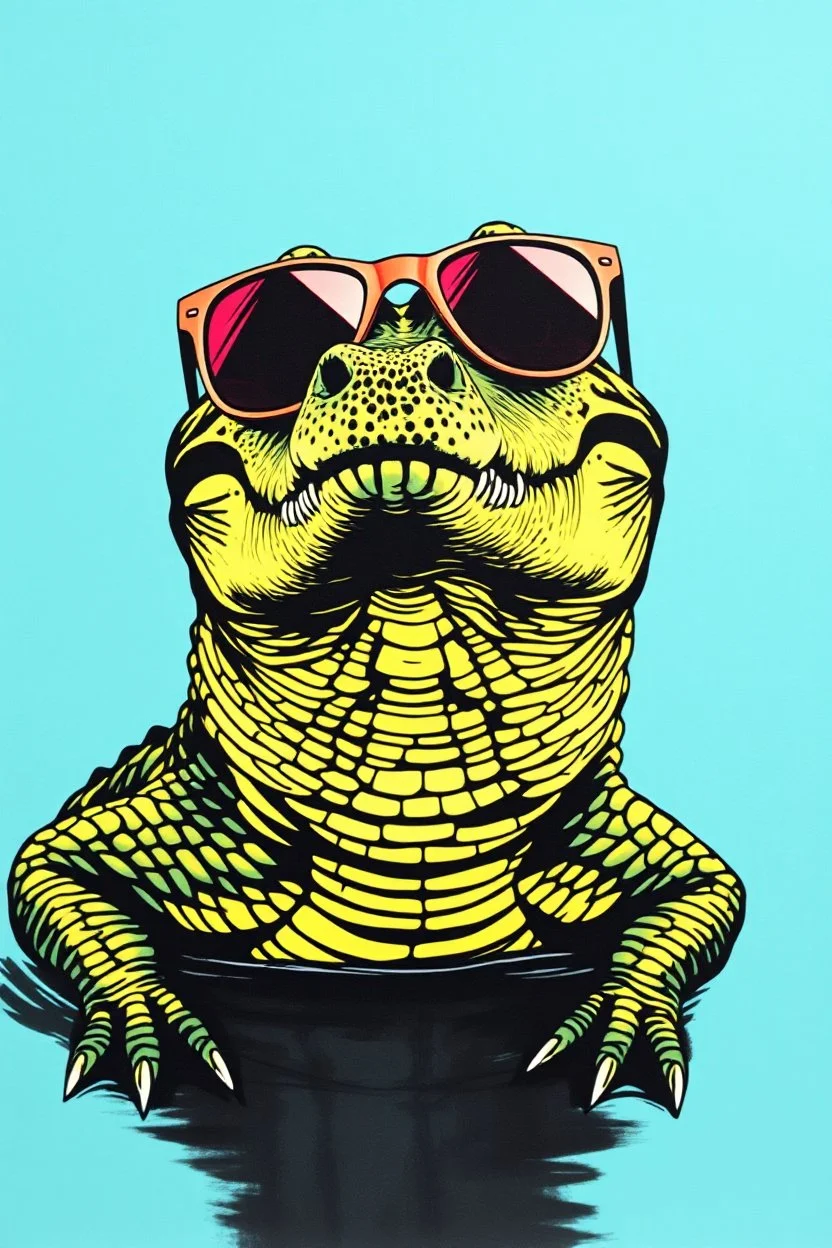 crocodile with sunglasses in the style of warhol