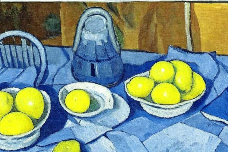Lemons on a table with a blue napkin, impressionnist oil on canvas by Paul Cézanne, 1887