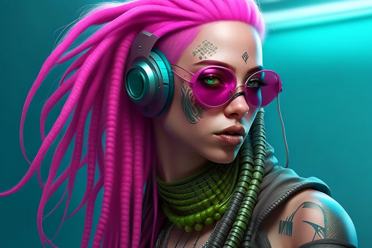 mermaid cyberpunk some fish scales on face pink hair dreadlock sunglasses