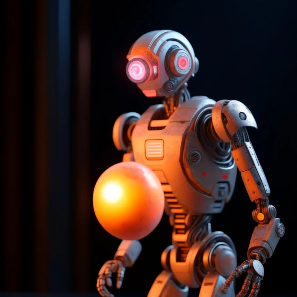 inbred robot with fur holding a perfect sphere, motion blur, 8k, downlight, soft light, depth of field, photorealism, trending on art station, lotsa detail