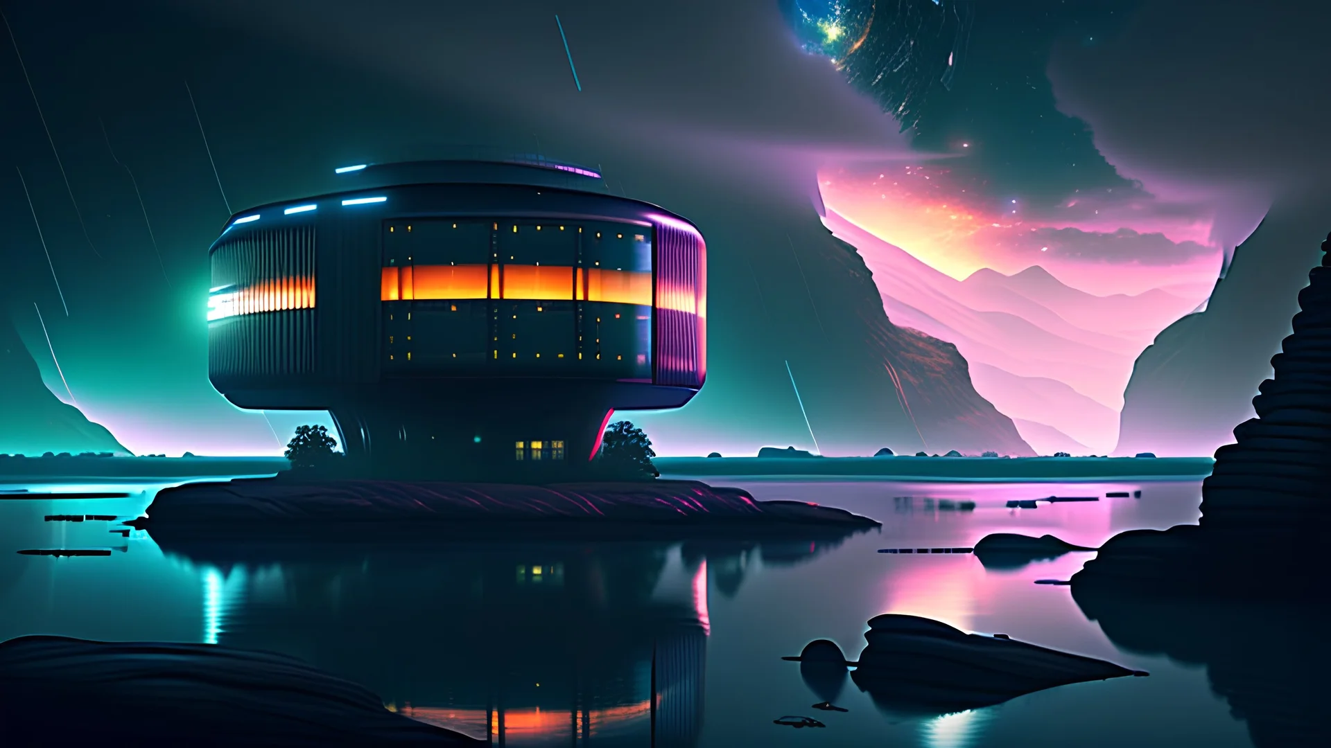 inside a scifi control station with windows looking out into the night sky, rain on the windows, overlooking a dangerous river rapids and cliffs, dark and moody, post-apocalyptic