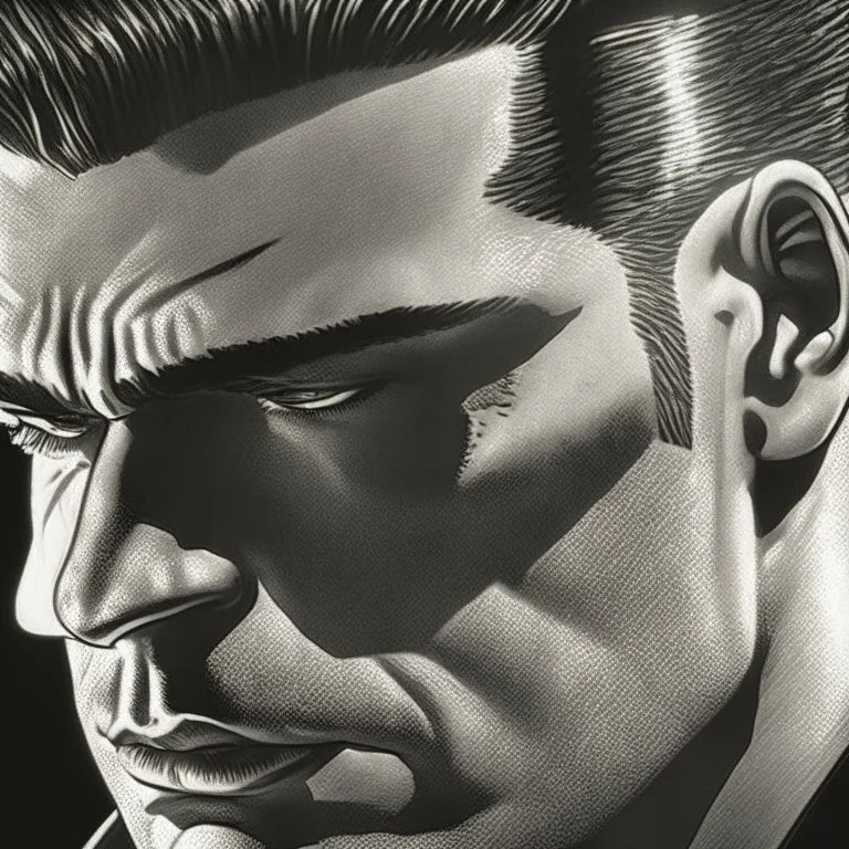 Sincity comic, rude masculine. Closeup. Shadows.