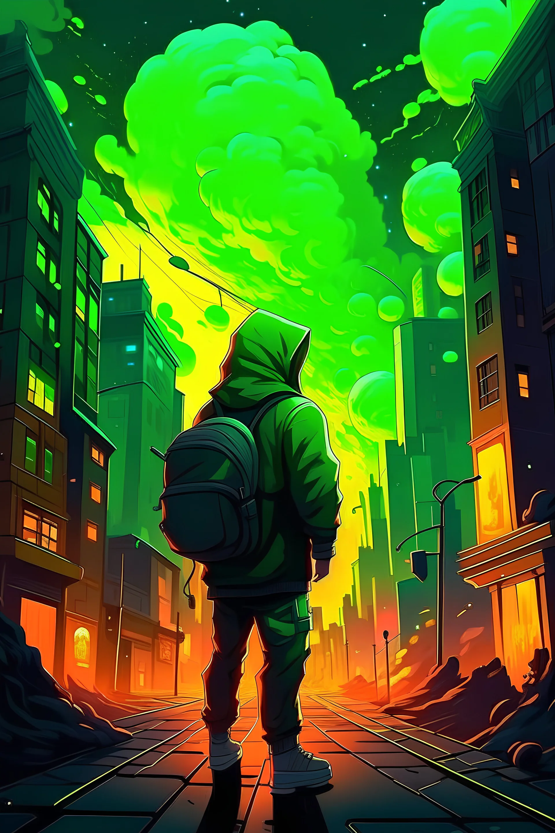 Vibrant Vector Art, Guy in hoodie, keyboard in backpack, nigh time city street on fire, raining neon green, nebula, buildings burning, planets in sky