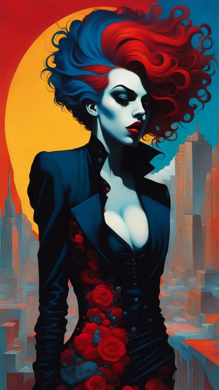 full body, stylized representation of a audacious vampire girl with highly detailed hair and facial features by Afarin Sajedi, her silhouette residing amidst bold, attention-grabbing abstract design that's defined by bursts of vibrant, highly saturated hues, juxtaposed against stark, surrealist landscapes or bustling colored cityscapes