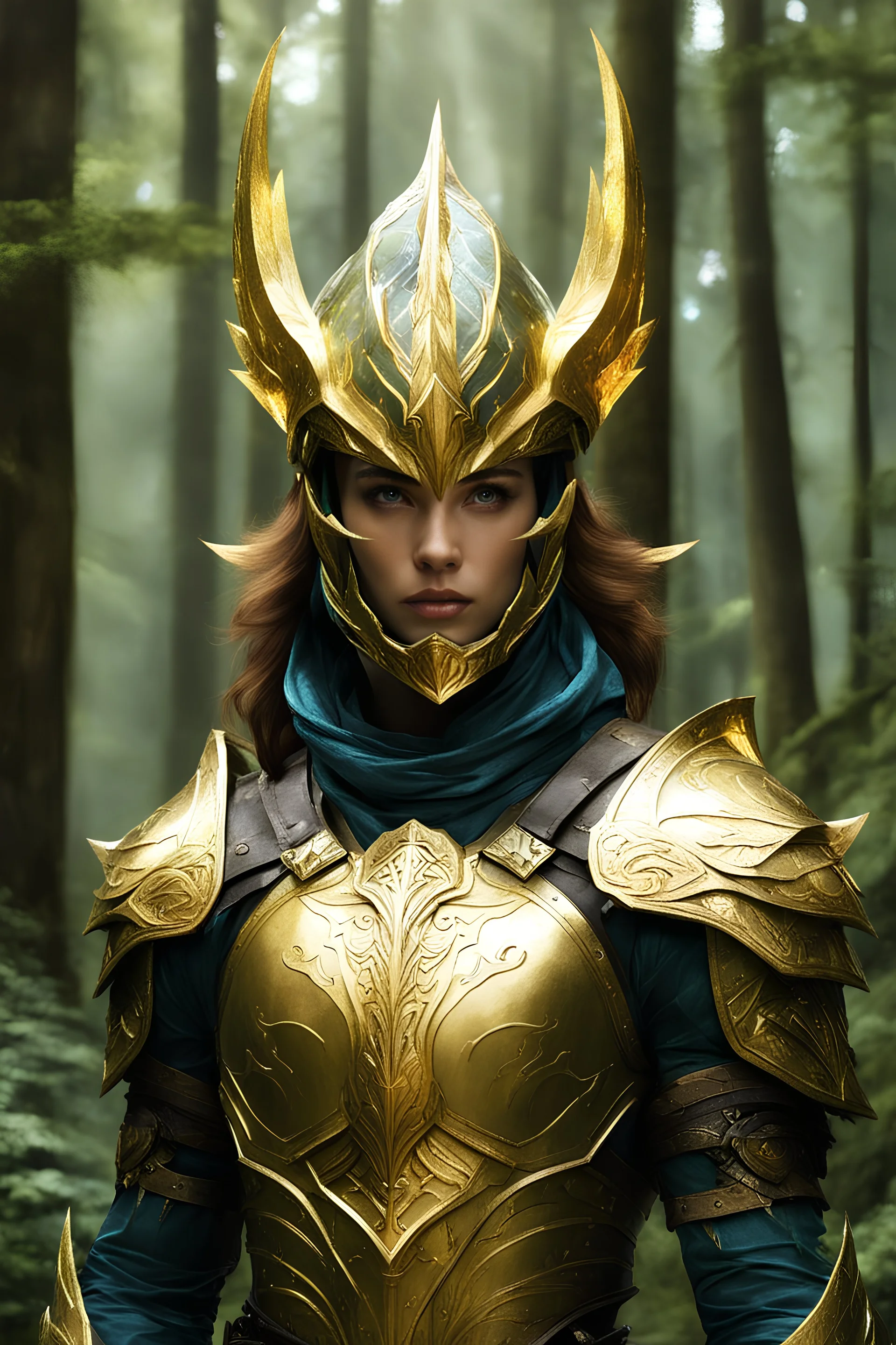 Photography Guardian ranger,helmet hyper futuristic, of the forest of the Eladrin wearing armor ornaments in an enchanted golden high