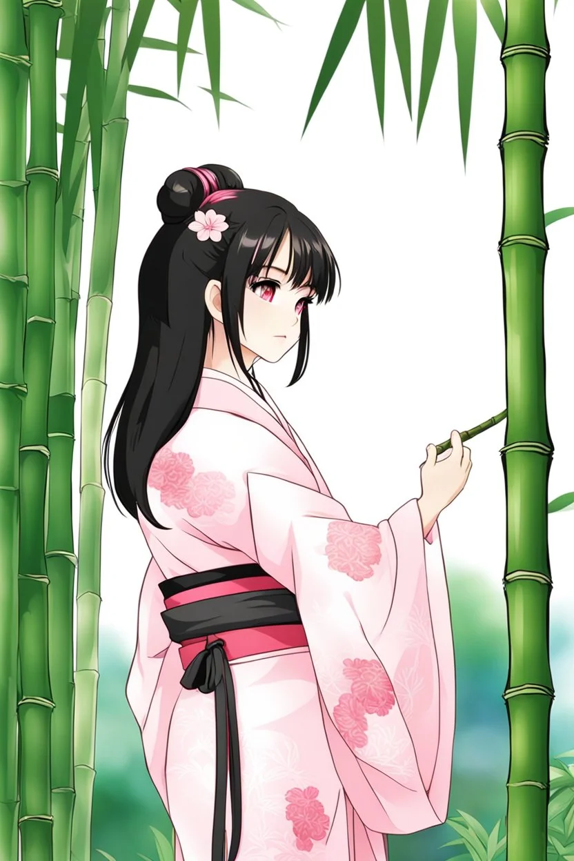 Cute Japanese girl, with pink eyes, dressed in her pink kimono and a black haori, black long hair with reddish tips, a piece of bamboo covering her mouth