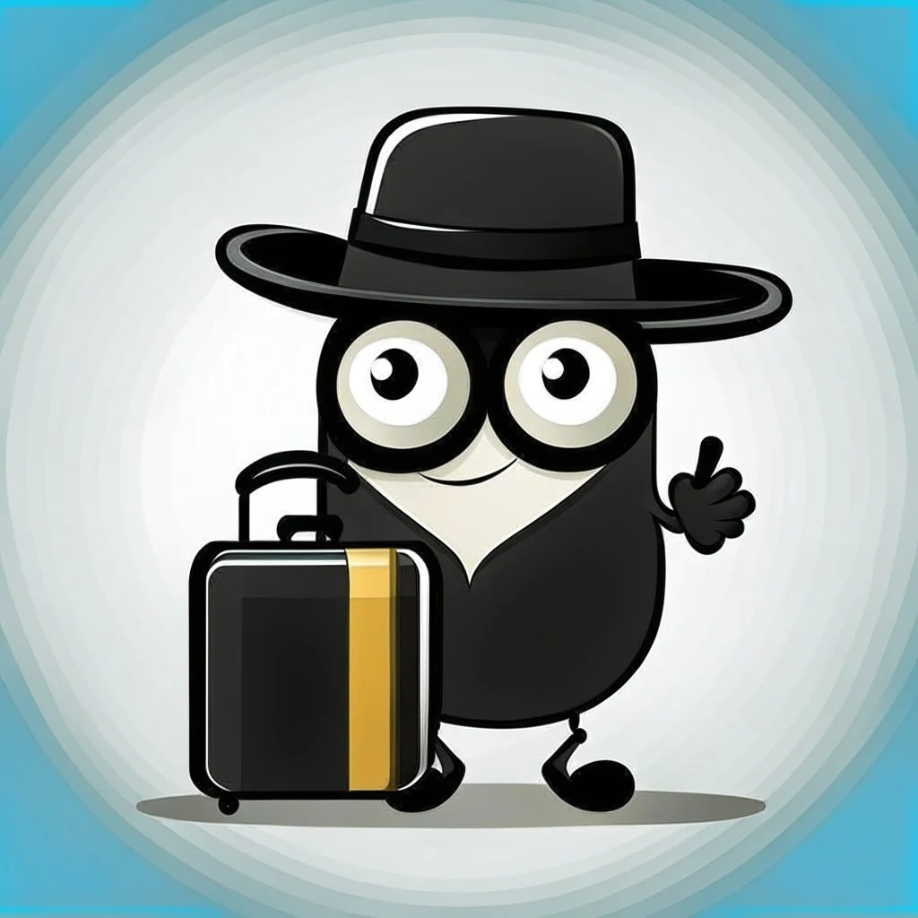 Social Media Design suitcase has eyes, a mouth, eyes, hands and legs, a cute smiley, wearing a black hat and carrying a passport. Comic shape. . A simple background. Give me the image with the best automated atmosphere. Sinai. Darmi.