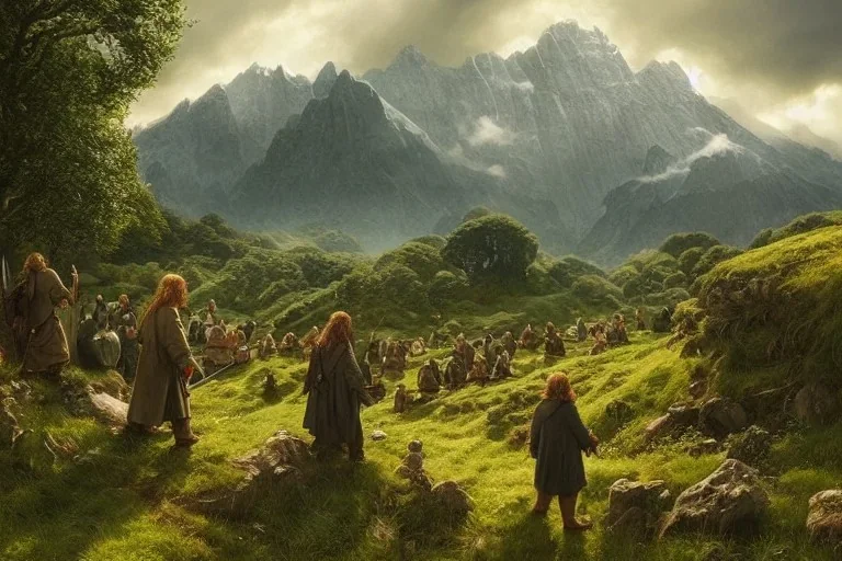 hobbits in the shire scenery landscape, lord of the rings, highly detailed, perfect lighting, perfect composition, 4 k, artgerm, derek zabrocki, greg rutkowski