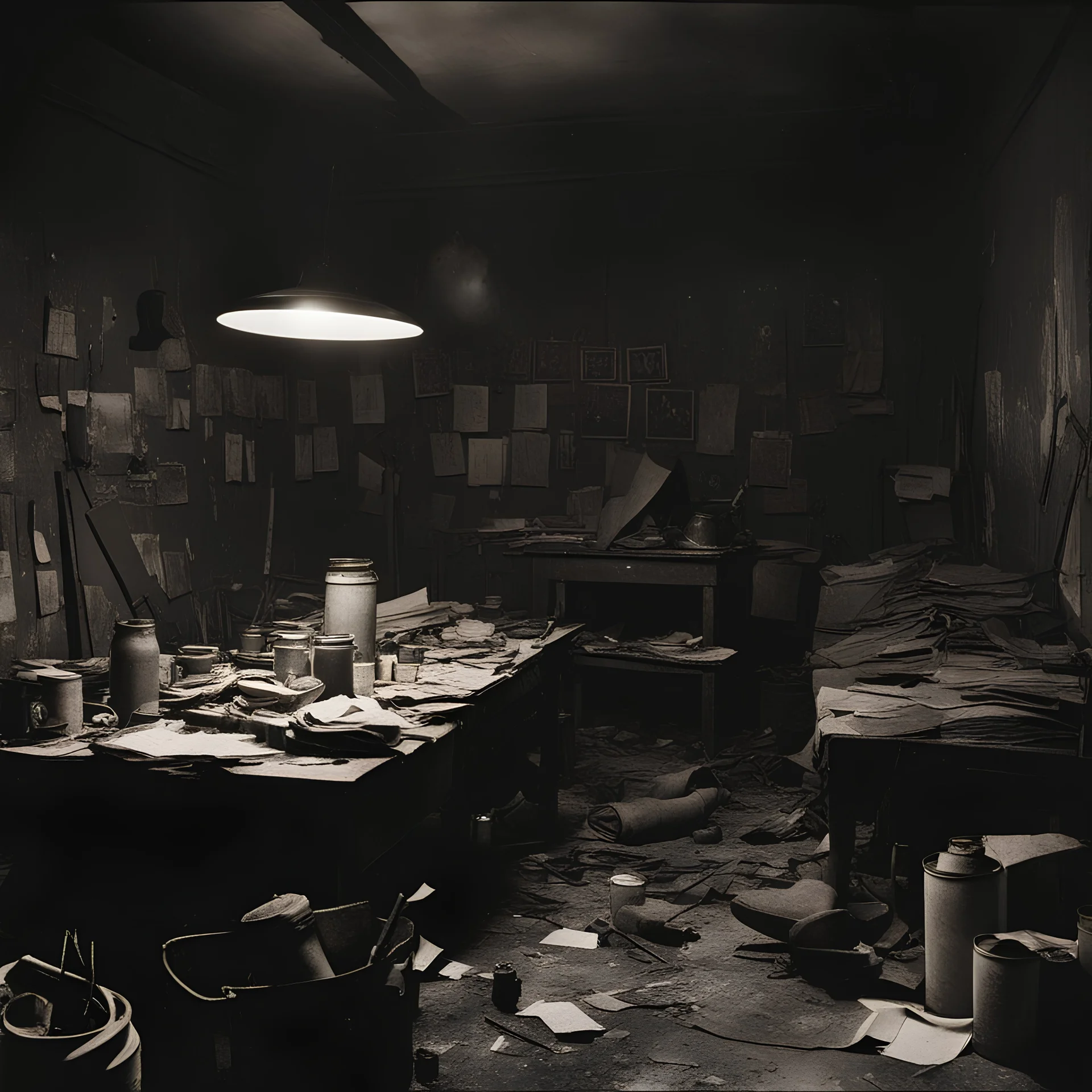Warsaw, World War II. Photo of a dark, grey room. NO windows. A little bit destroyed and cluttered. There is a lot of things there. Brushes in cans with black paint on the floor. A giant table in the center. Above it there is a lightbulb. On the table there are a lot of papers. There is some solider boots in the corner, backpacks and a model of a truck car. We can see also a tiny photo of a young couple.