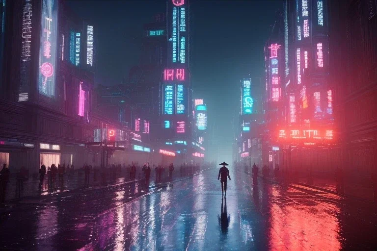 3D, beautiful, light reflecting, empty future city skyline at night, rainy night, neon, cyberpunk, tron, one cyborg walking, 8k, finely detailed, photo realistic