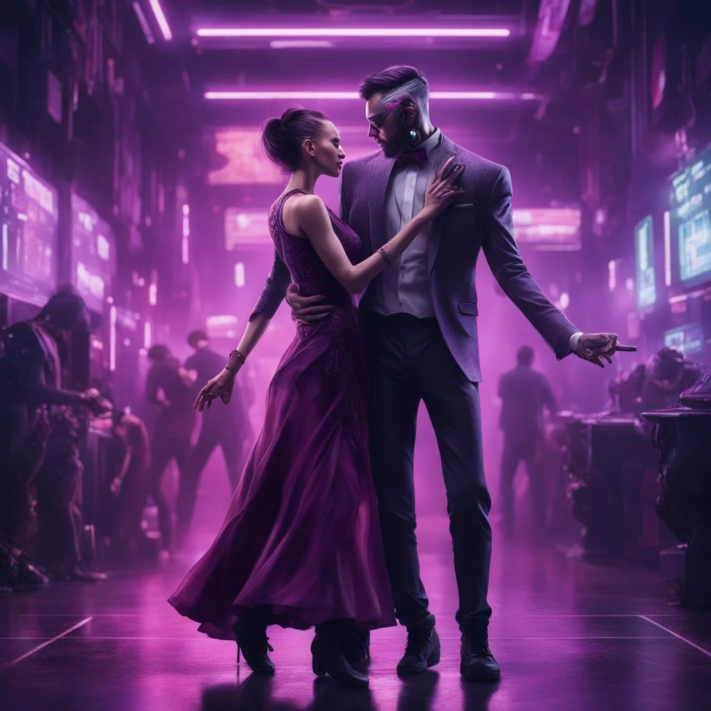 Hyper Realistic Cyberpunk couple dancing (man with purple tuxedo & female with maroon gown) with dark cyberpunk background