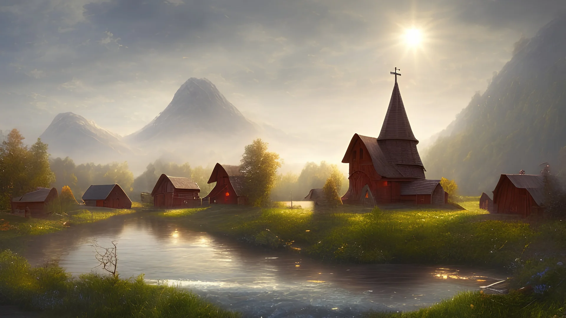 Looking across a torrential river to a village of new wooden houses, circular wooden church and farm buildings, and mountains in the far distance, highly detailed, realistic, sunshine, RTX