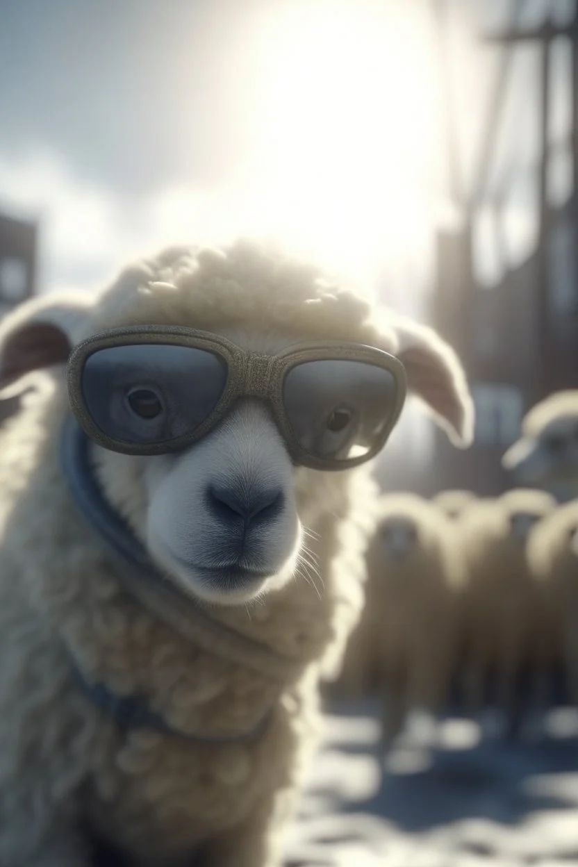 zoom shot on sheep ghost with sun glasses parachuting down to factory roof in winter storm, bokeh like f/0.8, tilt-shift lens 8k, high detail, smooth render, down-light, unreal engine, prize winning, in the style of fallout 4 and gta 4