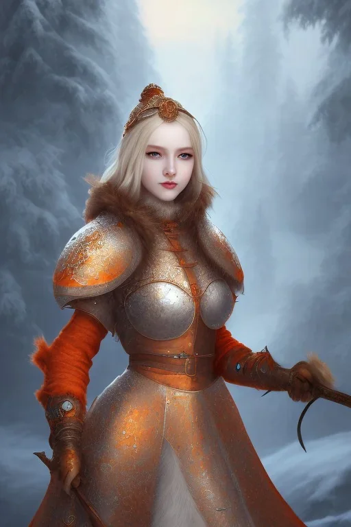 Beautiful medieval girl, wearing orange glowing armor, snow mountain background, snow, fur cloak