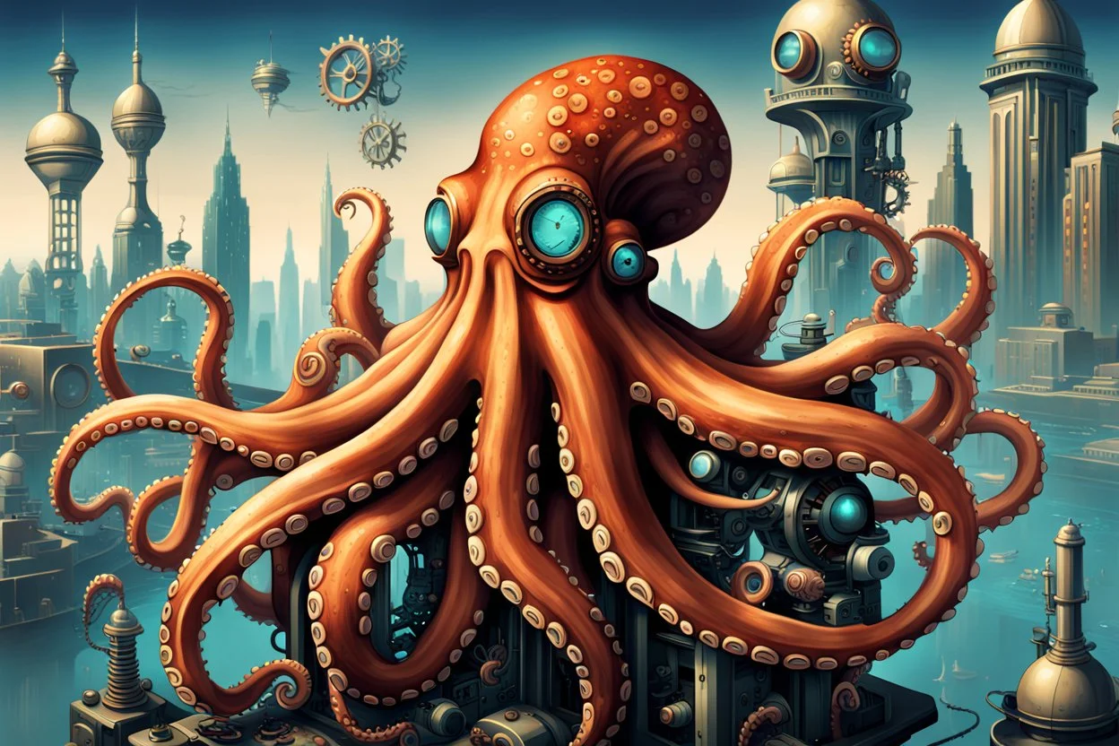 A captivating retro-futuristic illustration of an octopus in a classy science fiction world. The octopus, with an intricate steampunk design, is the centerpiece of the artwork. Its eight tentacles are adorned with various gadgets and glowing devices, including vintage gears and machinery. The background showcases a cityscape that combines old-world charm and futuristic architecture, with a neon skyline and a massive spaceship floating overhead. The overall atmosphere of the image is a blend of n