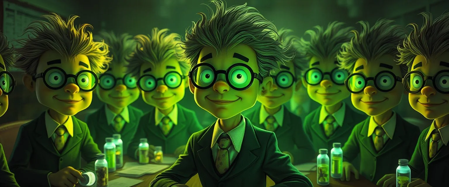 high class realism, in the style of fallout 4, A close up portrait of one person in group of mutated with hairy wigs glowing, cartoonish uranium creatures in a dimly lit boardroom, wearing tiny suits and glasses, with playful but slightly mischievous expressions. Their bodies emit a soft greenish glow. The room is filled with scattered papers, glowing vials, and miniature nuclear reactors. Style: whimsical digital illustration, cinematic lighting, colorful, slightly exaggerated features, playful