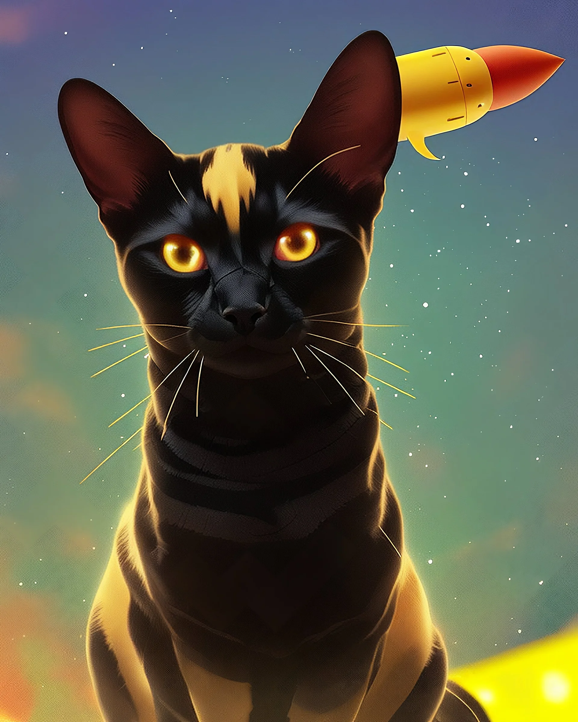 The pet has a black head with a yellow dot and rides on top of a rocket flying in the sky