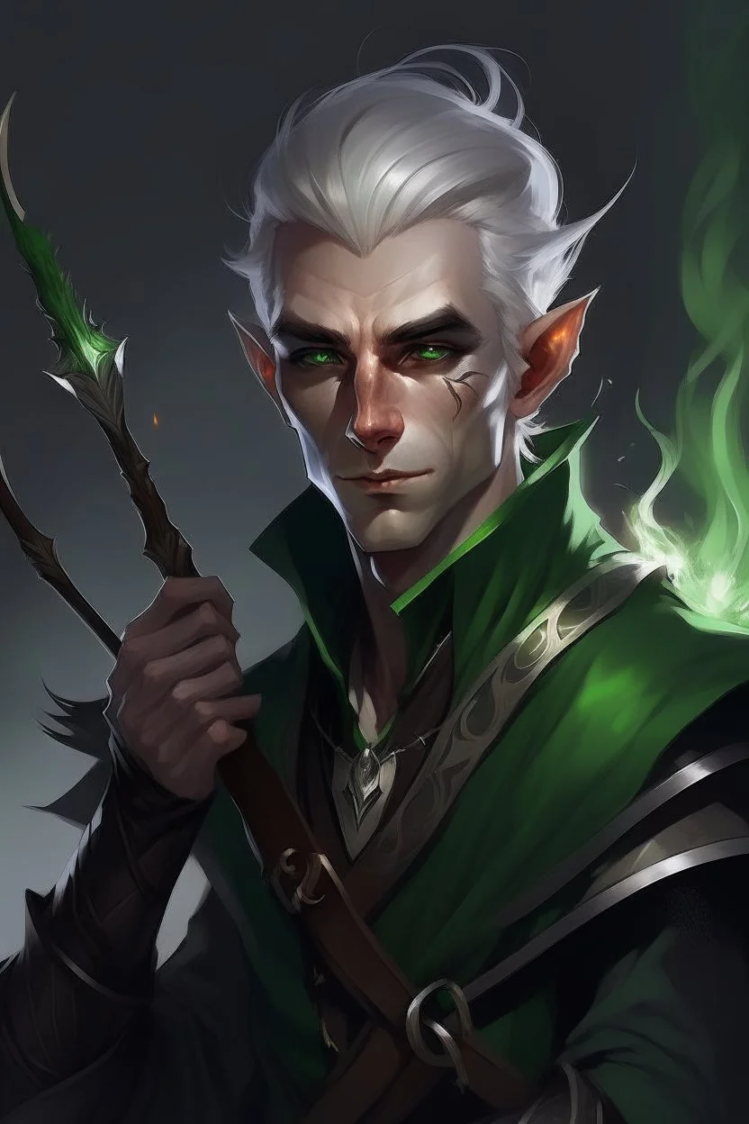 Portrait of male rogue elf, mauve hair, bright green eyes, disheveled, smoking cigarette, bow and arrow, black leather armor