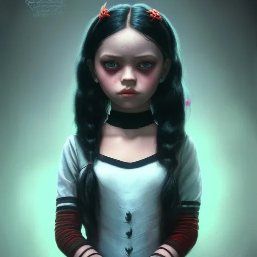 Jenna ortega as wednesday with wednesday addams dress, overknee socks, painted by artgerm and tom bagshaw, fantasy art, dramatic lighting, highly detailed oil painting, volumetric lighting