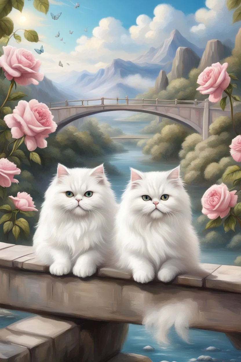 in the center: beautiful fat fluffy white persian cats with green eyes sitting on a bridge, under the brigde flows a small blue river; background: landscape with dramatic mountains and white clouds, butterflys flying in the sky; first plan: pink roses;