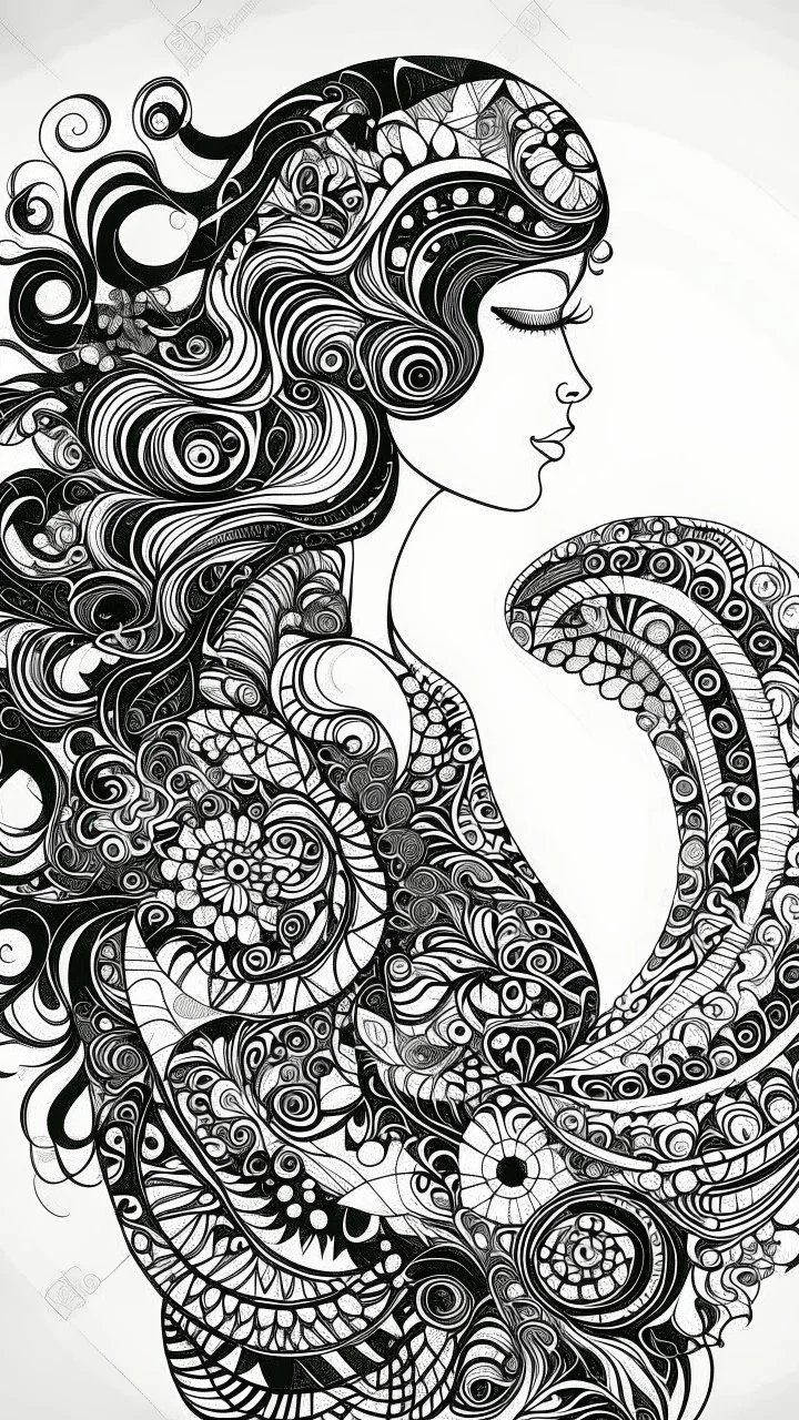 A beautiful silhouette a beautiful girl billustration in zentangle patterns in the old world aesthetics in artistic style of gustav Klimt, fine line draw