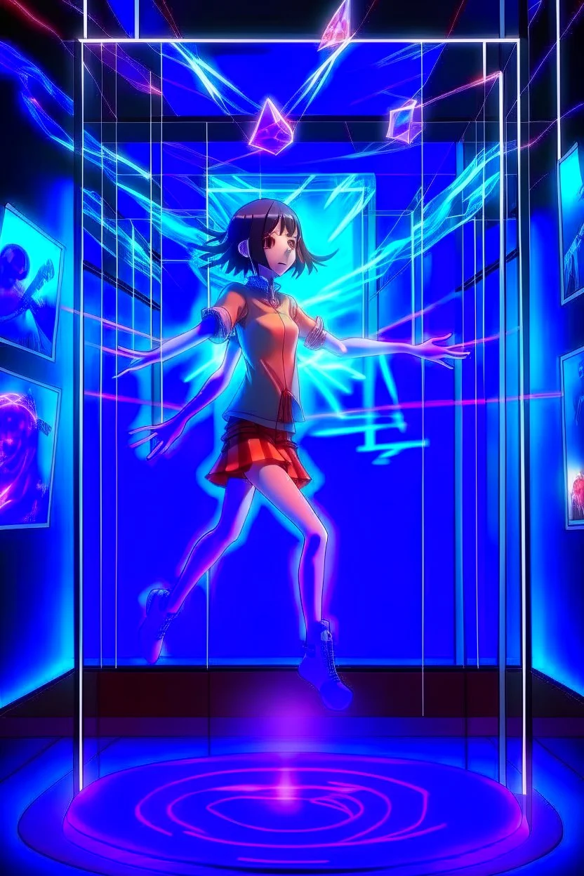 a hologram of an anime character , suspended in mid-air within a mesmerizing display of a gallery, ultra photorealistic 3d style, dramatic emo