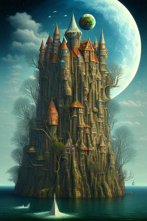 A surreal landscape with odd houses in Max Ernst style