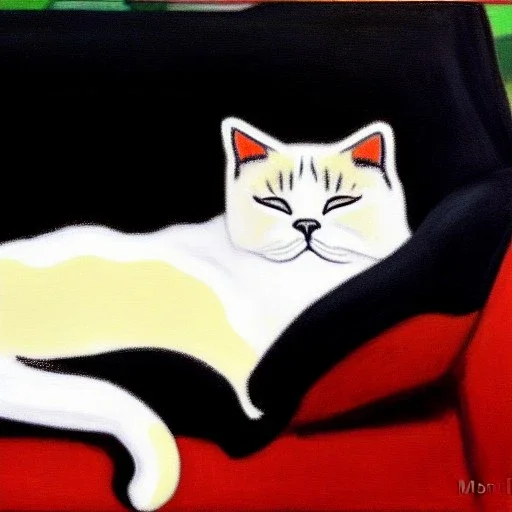 oil portrait of tricolor pattern Cat sleeping in a Black sofa by Monet 8k