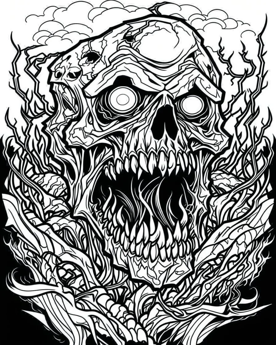 create a 2d black outline, "scary psycho monster death killer deformation on face and psycho smile and corrupted thorn coloring book for adults", coloring page, low details design, black contour, coloring page design, coloring page for adults,horror background, black contour and white space beetween contour, same contour,sketch style, horror style, creepy style, minimalist, halloween background,simple