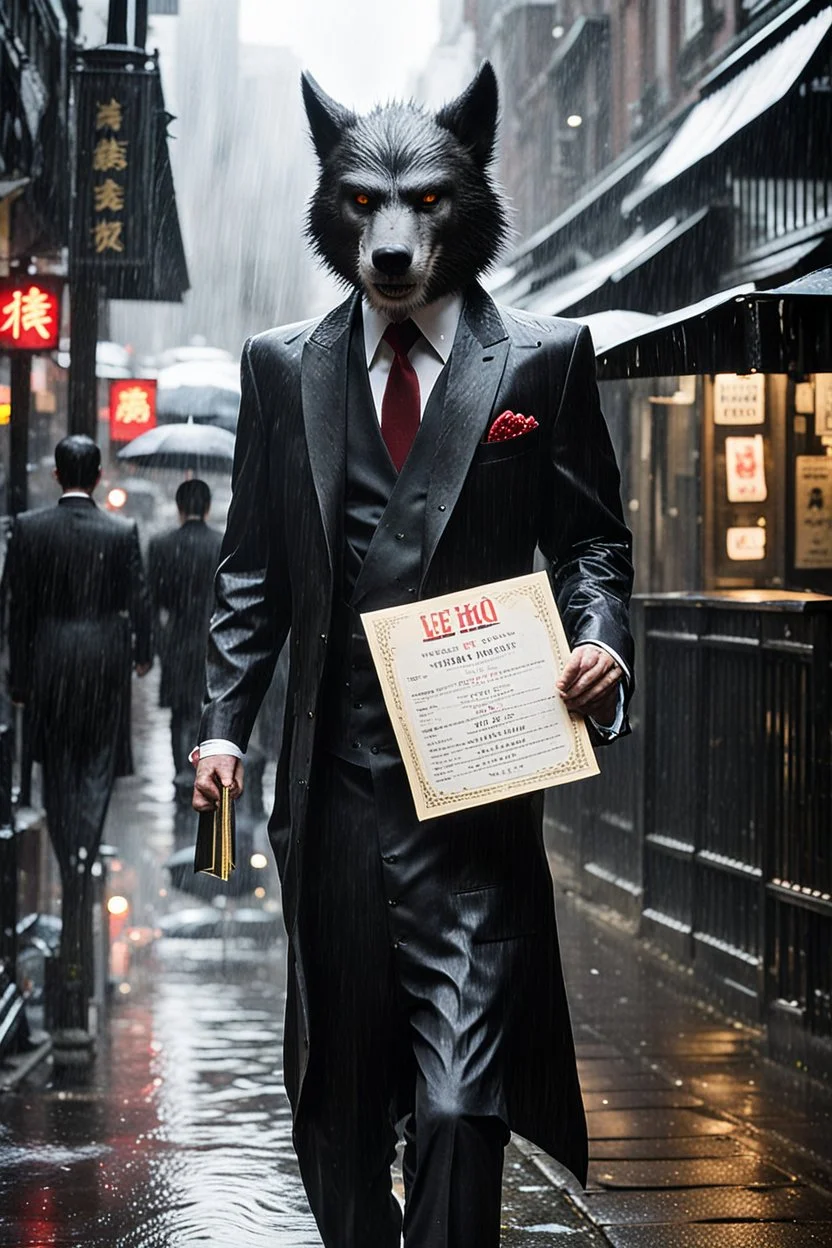 Werewolf in a suit walking the streets of Soho in the rain. He's holding a resraurant menu in his hand. There is a Chinese restaurant called Lee Ho Fuk's in the background. Photograph.