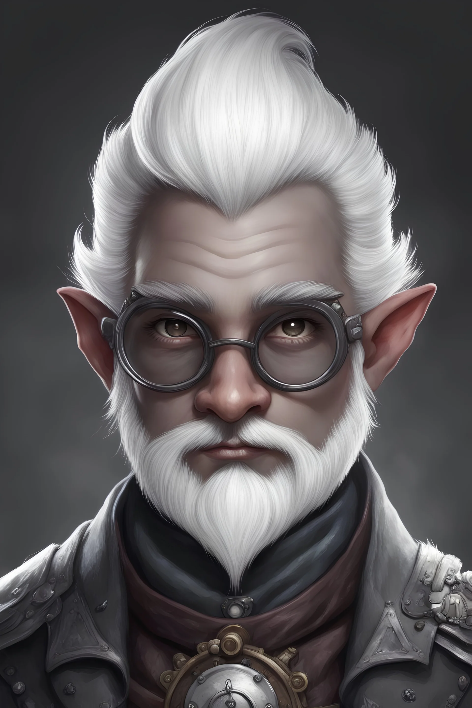 Generate a dungeons and dragons character portrait of the face of a male artificer handsome deep gnome with white eyebrows like snow. He has really dark gray skin like a drow. He has white hair, eyebrows and moustache. He has steampunk style dark glasses. He's 19 years old. His skin is graphite color.