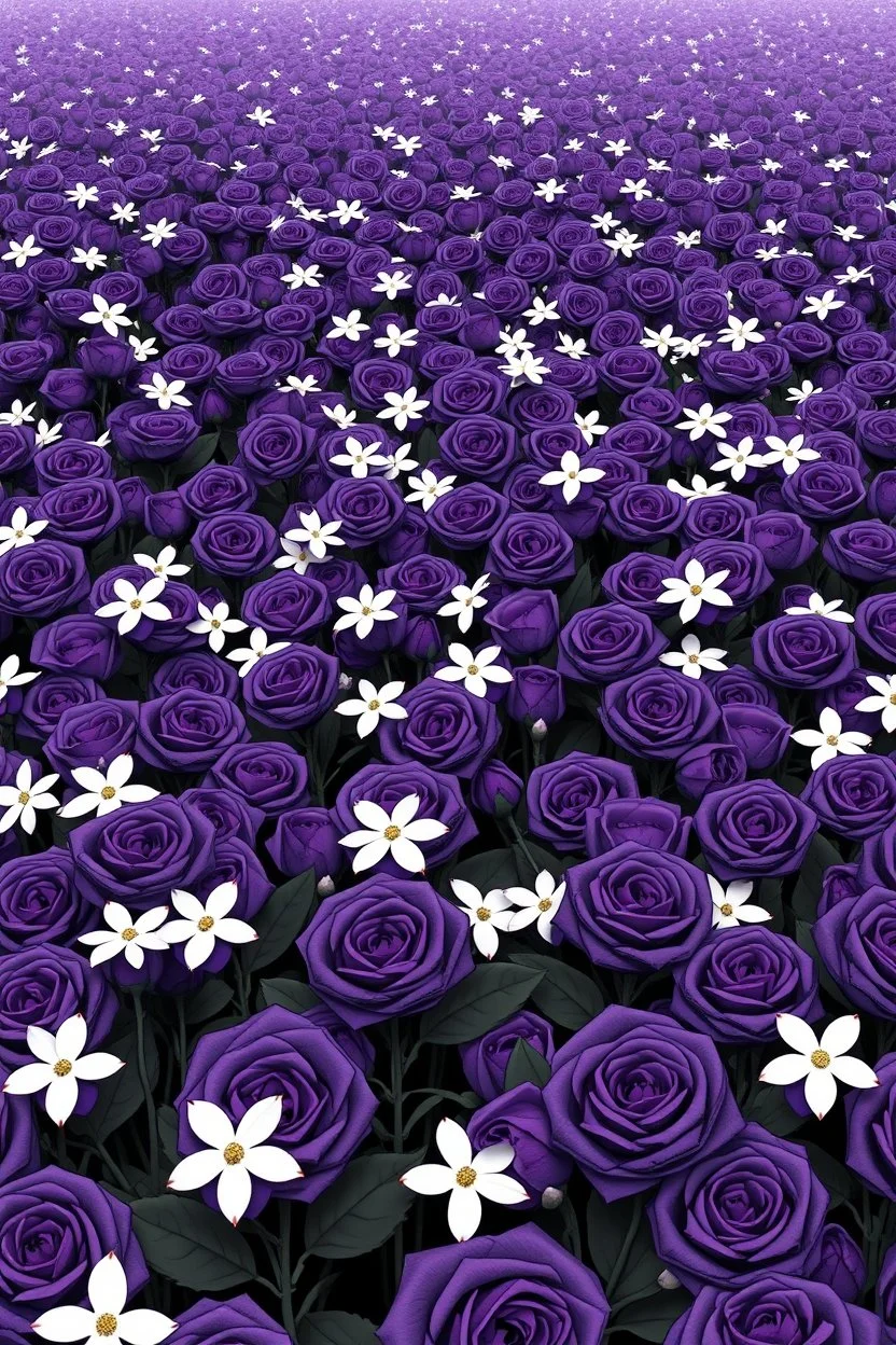 "A conceptual black-and- dark purple jasmines flowers digital illustration of a massive roses in the same direction, heads down, symbolizing conformity. The atmosphere feels lifeless and repetitive, emphasizing the ordinary mindset of the majority."