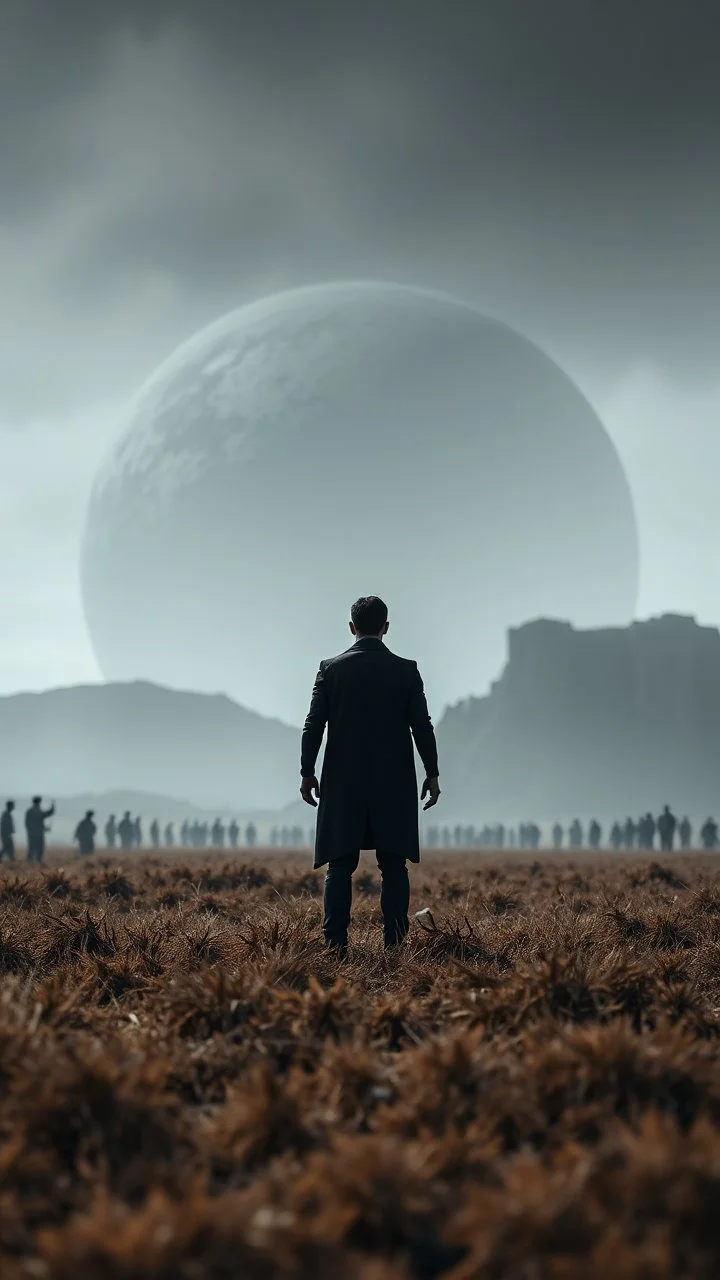 A field of random people at the end of the picture gray background an giant dark shadow of Stone Age human figure standing in under blurry gray planet cinematic, 8k