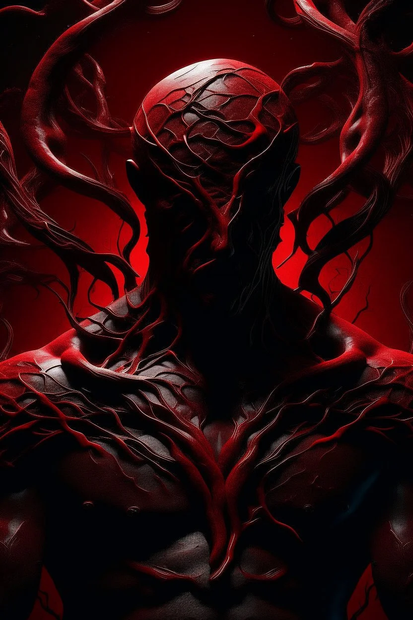 dark sihlouette of a man violently cut in two vertically from the center of his chest up to his head, with red tentacles bursting out of the center of his chest, face obscured