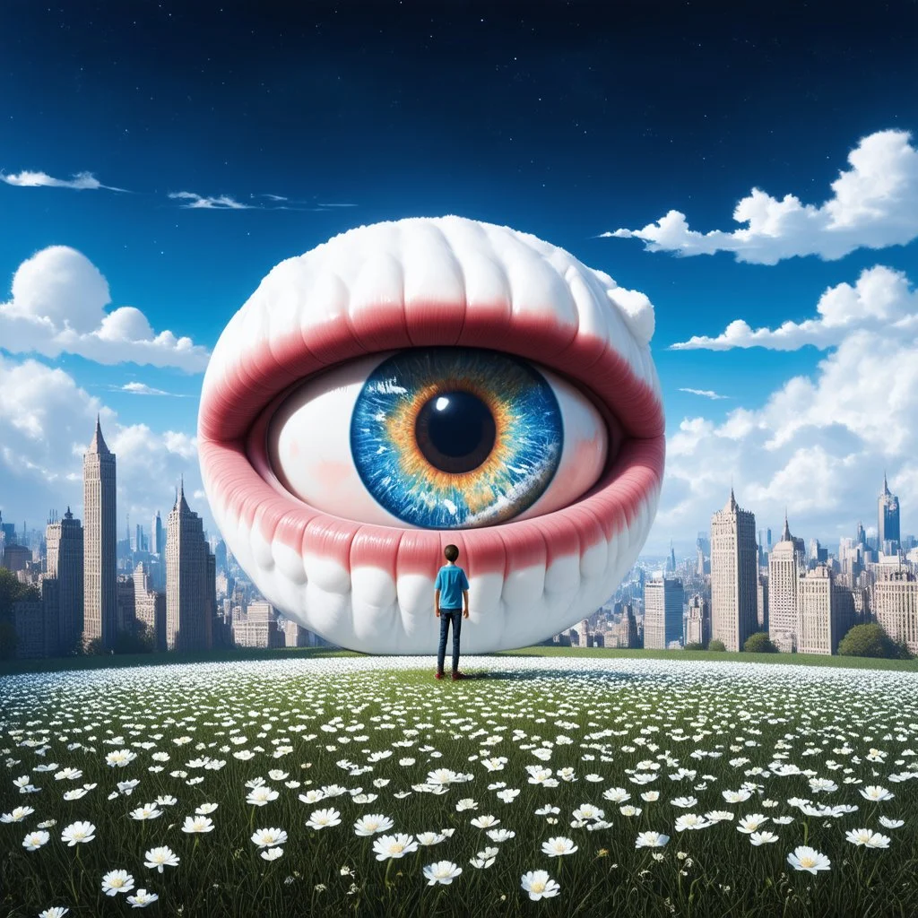 A surrealistic landscape of a dreamlike world. There's a giant eye with a tiny person standing on its iris. The eye is surrounded by clouds. In the background, there's a city with buildings that resemble teeth. The ground is covered with small, white flowers.