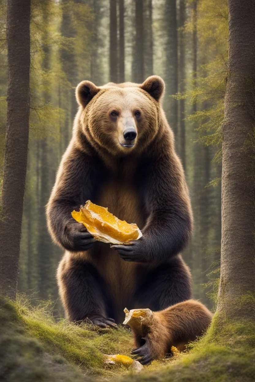 Bear eating honig and is in a wald