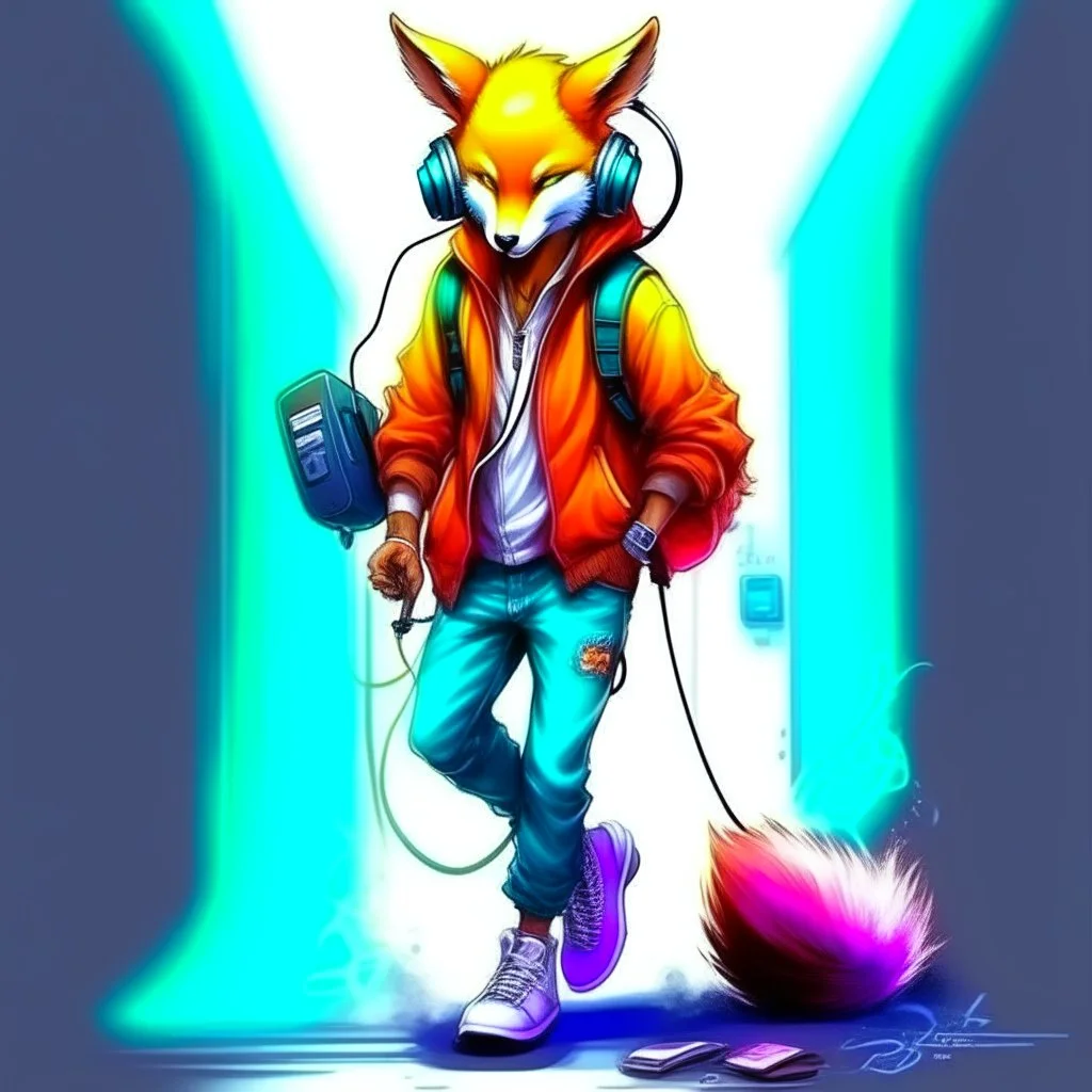 Illustrative sketch of a humanoid fox in music with headphones, full body, ultra quality, hyper detailed, graffiti, concept art, maximalism, 8k