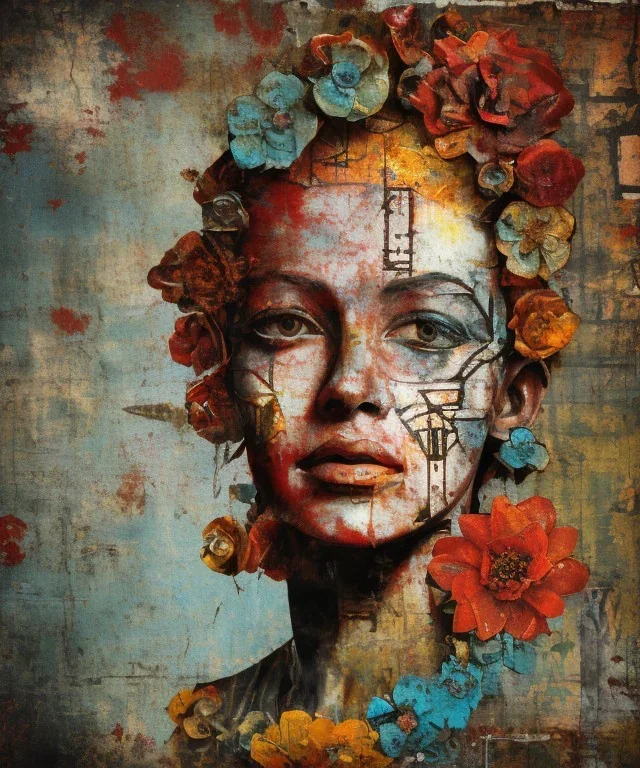  an abstract painting of rusted metal and flowers, african portrait, rust, scaffolding, iron cladding, decay, mixed media, textured, anatomically correct, beautiful perfect face, sharp focus, highly detailed, injured face